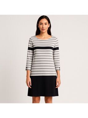 Hatley 100% cotton shift dress tunique striped grey white pink 3/4 sleeves